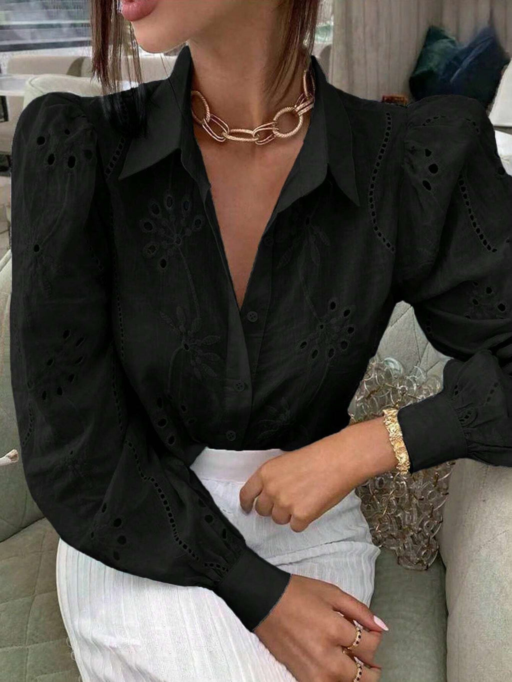 Women's Embroidered Single-Breasted Long-Sleeve Lapel Shirt