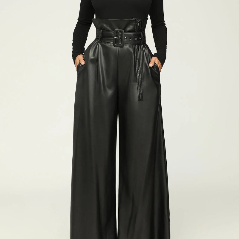 High Waist PU Leather Pants Metal Belt Wide Leg Trousers