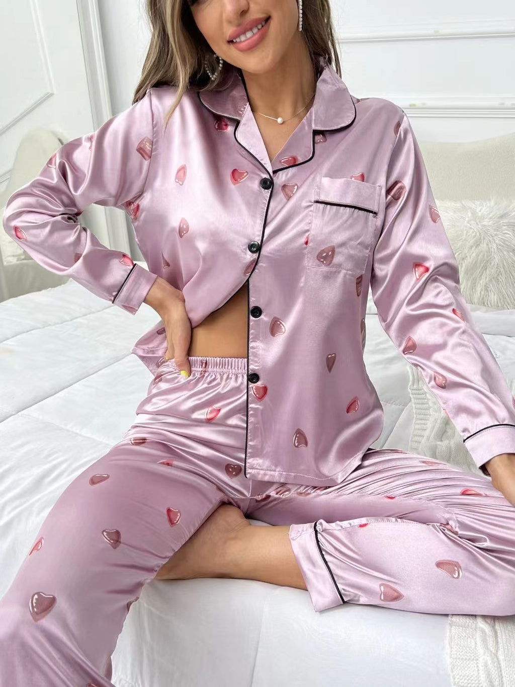 Ensemble de pyjama pour femme en soie artificielle 5050 avec revers et manches longues