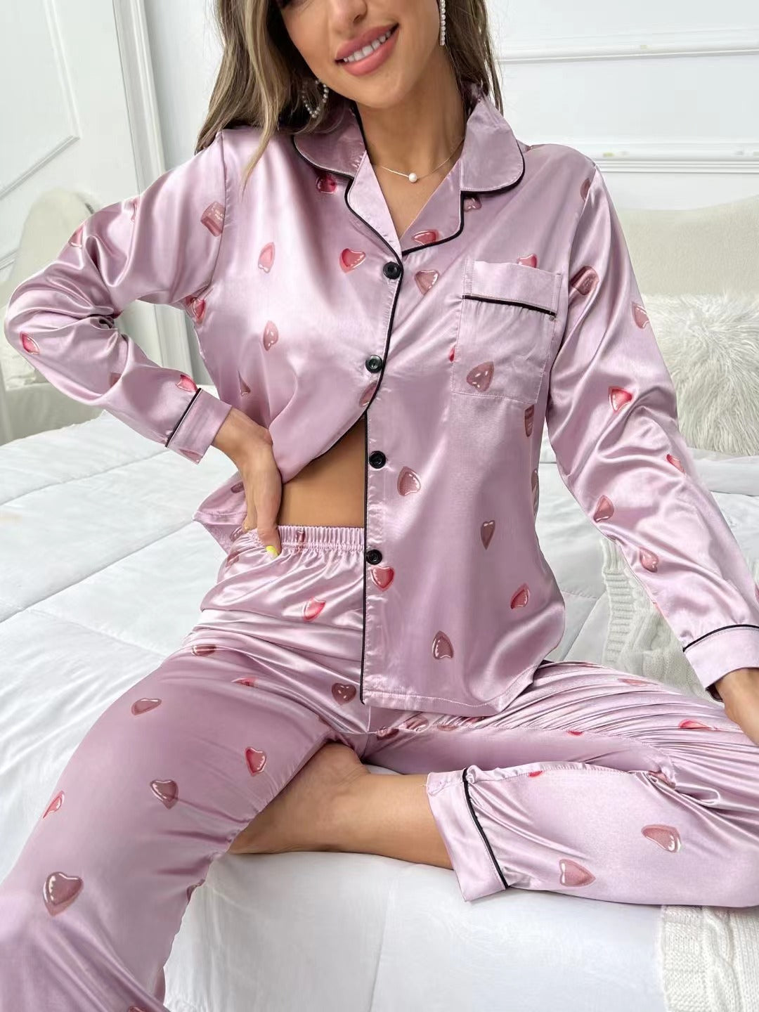 Women’s Sweet Luxury 5050 Artificial Silk Lapel Long Sleeve Pajama Set with Trousers