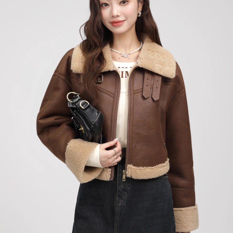 Stand Collar Integrated Lamb Fur Short Coat in Black & Coffee with Zipper Closure
