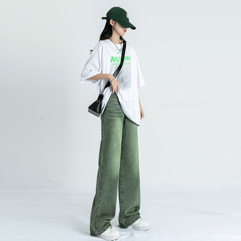 بنطلون جينز نسائي بخصر عالٍ، بنمط أمريكي مستقيم، بتصميم كلاسيكي