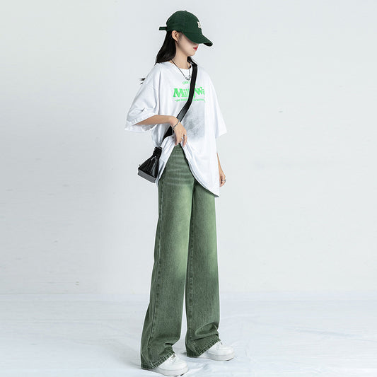 بنطلون جينز نسائي بخصر عالٍ، بنمط أمريكي مستقيم، بتصميم كلاسيكي