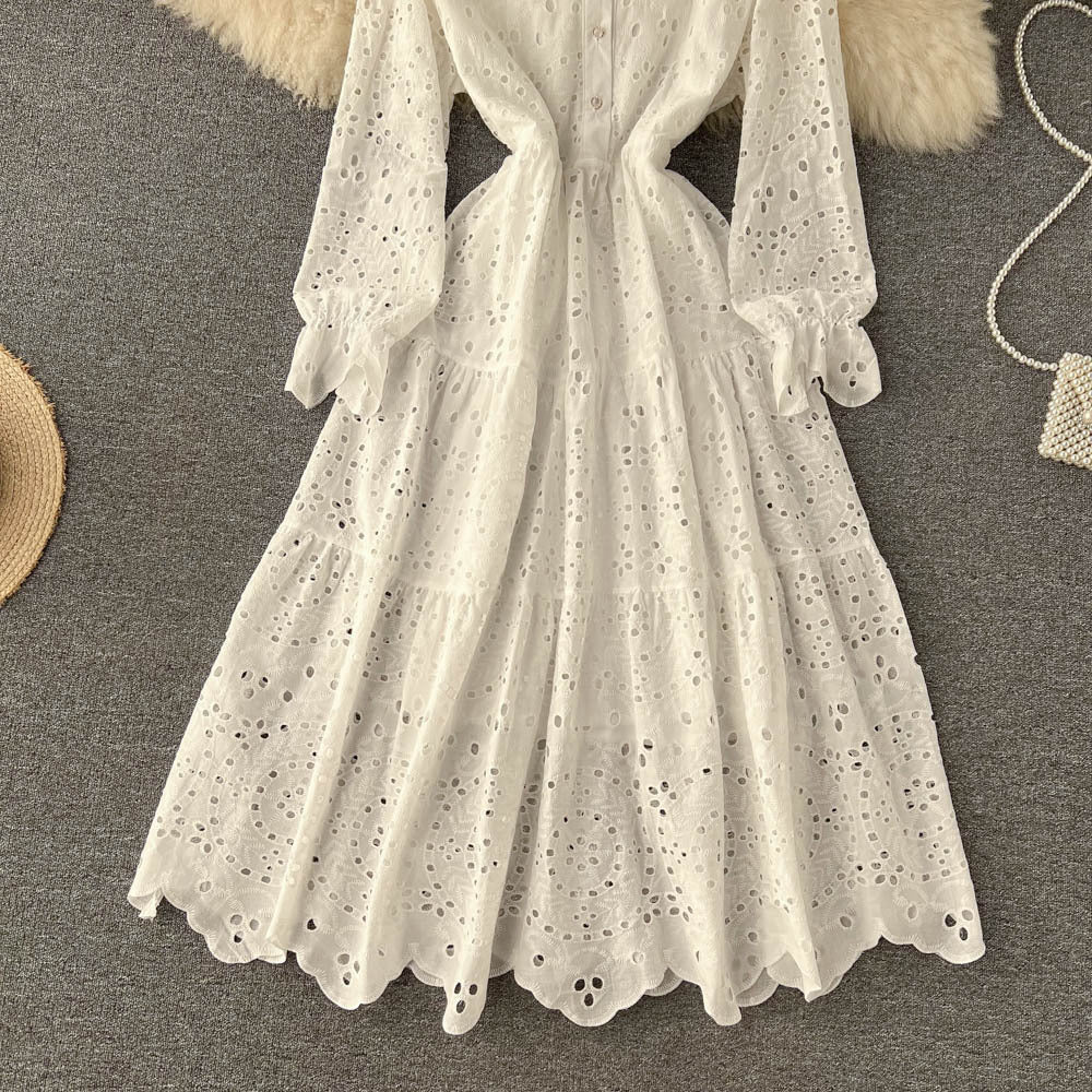 Women's High Waist Cut-Out Lace Dress in White, Khaki, Pink & Yellow