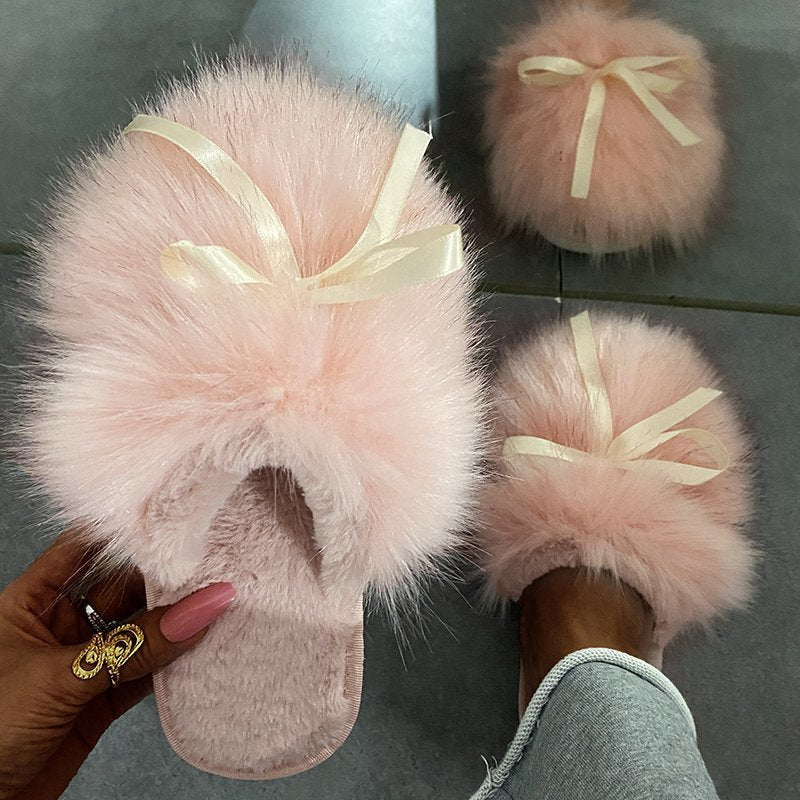 Bowknot Cotton Plush Half Shoes with Rubber Sole for Outdoor Wear
