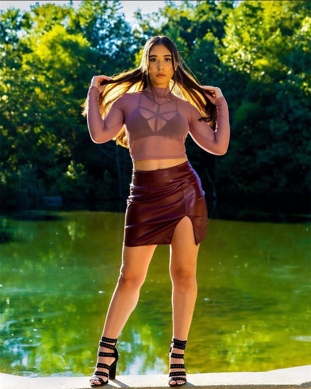 Black Zipper PU Leather Skirt for Women