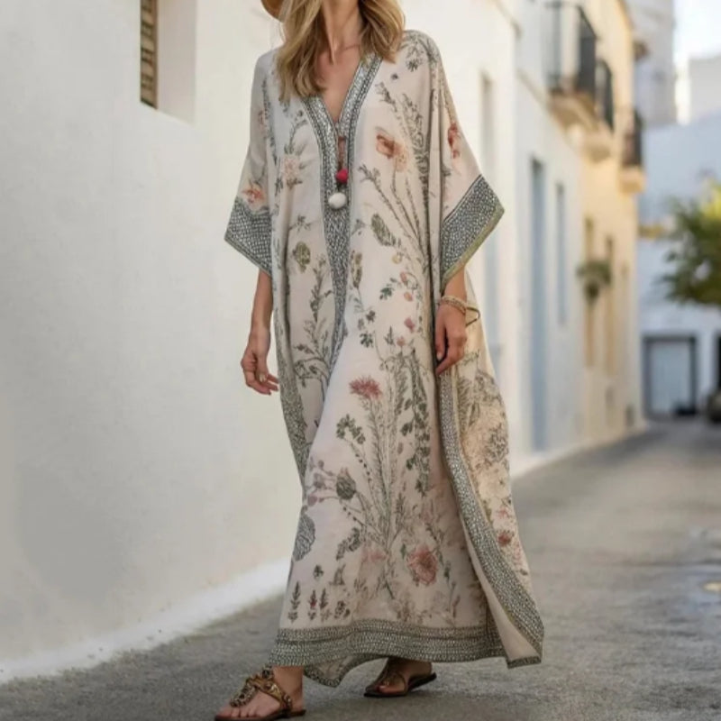 Linen Long Sleeve Arabian Kaftan Maxi Dress Vacation Style