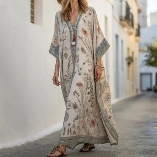Long Sleeve Arabian Kaftan Linen Vacation Maxi Dress