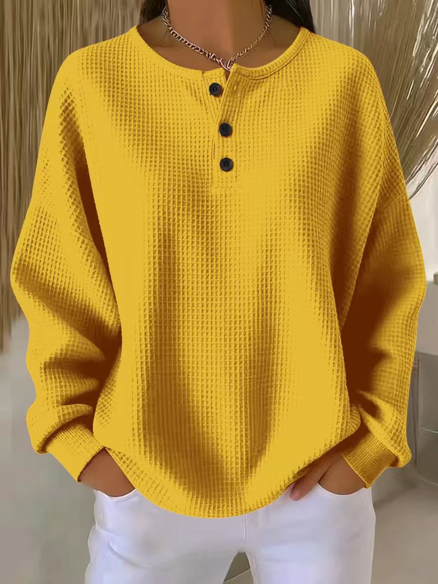 Haut pull à manches longues en tricot gaufré avec boutons, couleur unie, pour femme
