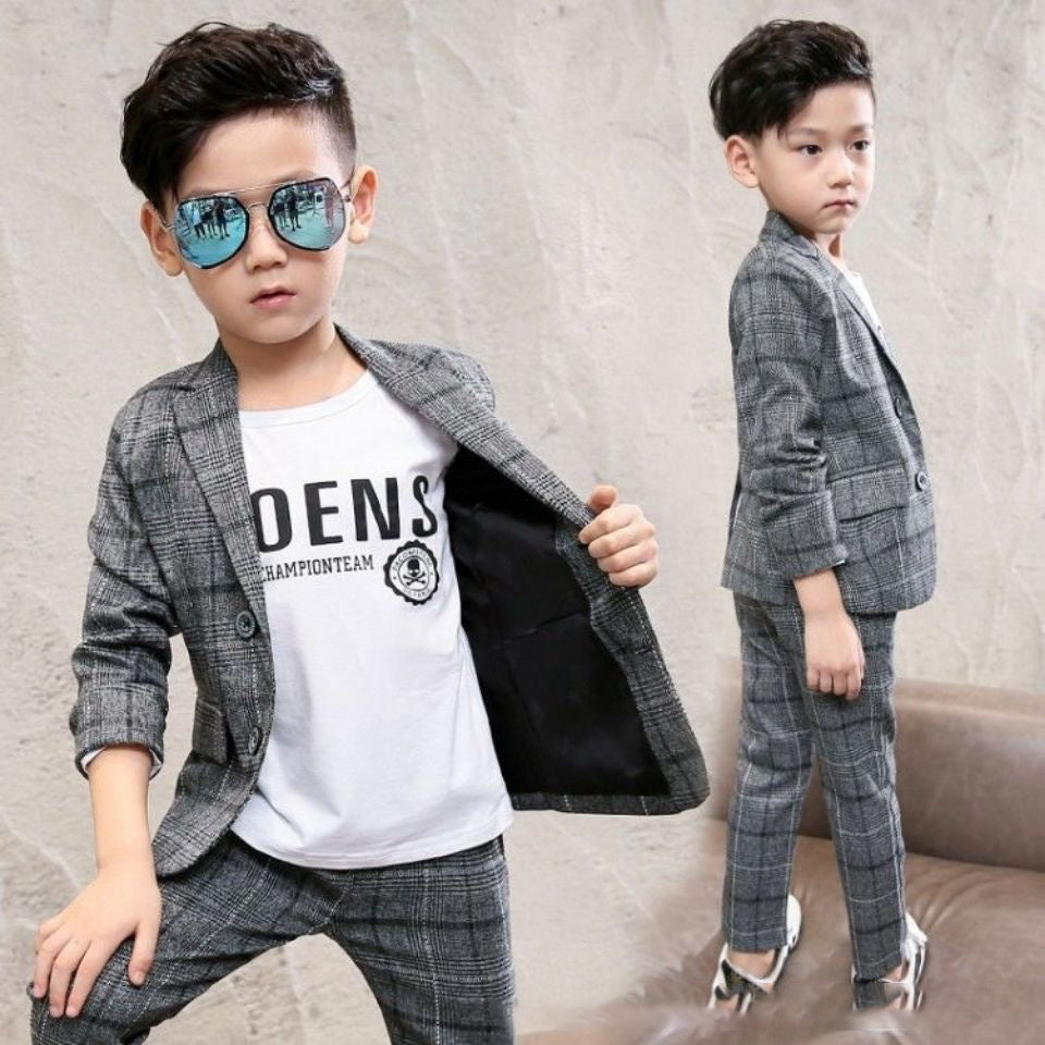 Boys' Two-Piece Casual Plaid Suit Cotton Blend Blouse & Pants