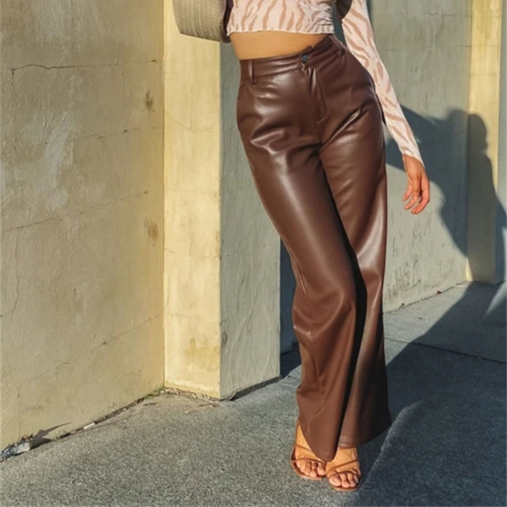 Pantalon en similicuir taille haute, coupe ample, jambes larges, style décontracté