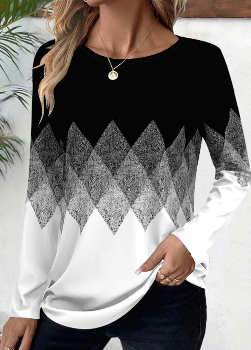 Women’s Plaid Digital Print Round Neck Long Sleeve Top