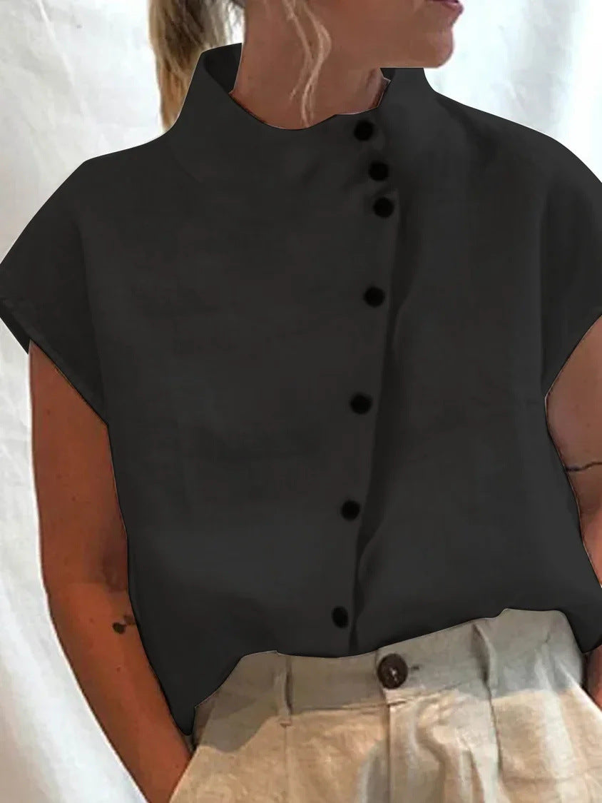 Chemise décontractée en coton et lin pour femme, col montant, coupe ample