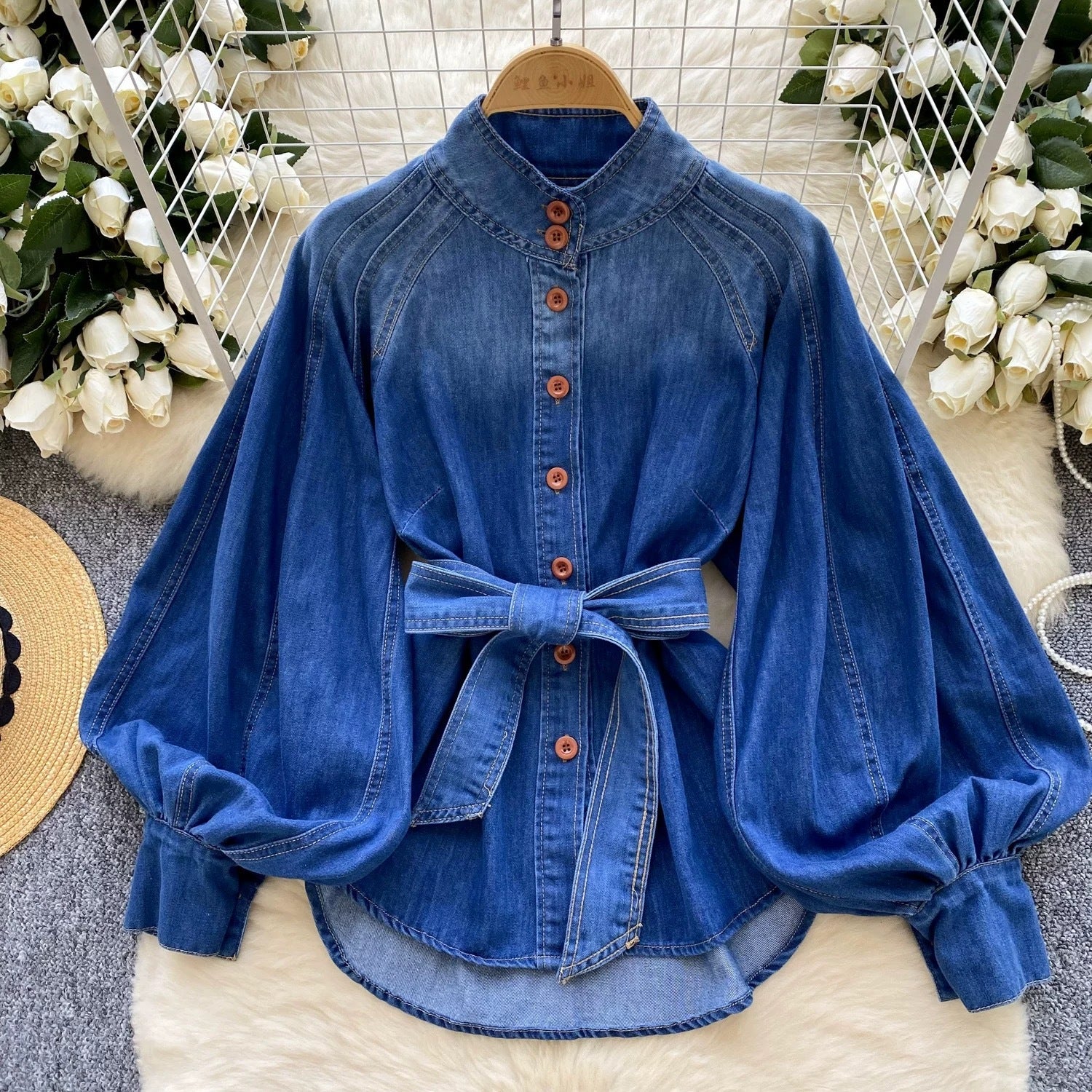 Retro Lace-Up Waist-Control Denim Top with Stand-Up Collar and Puff Sleeves