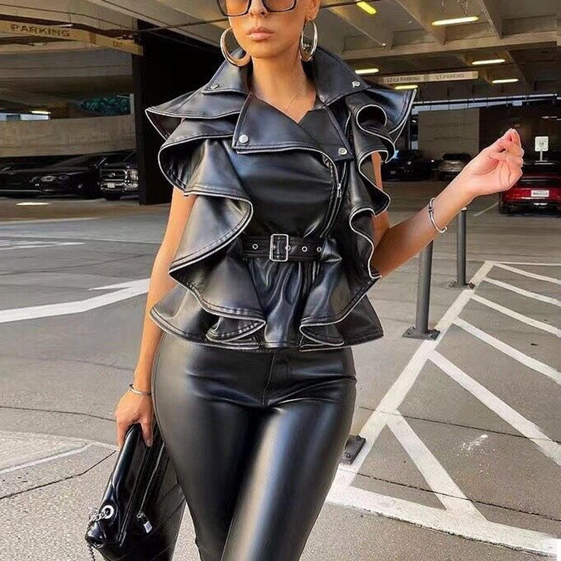 Black Sheepskin Leather Vest Heavy Work Coat