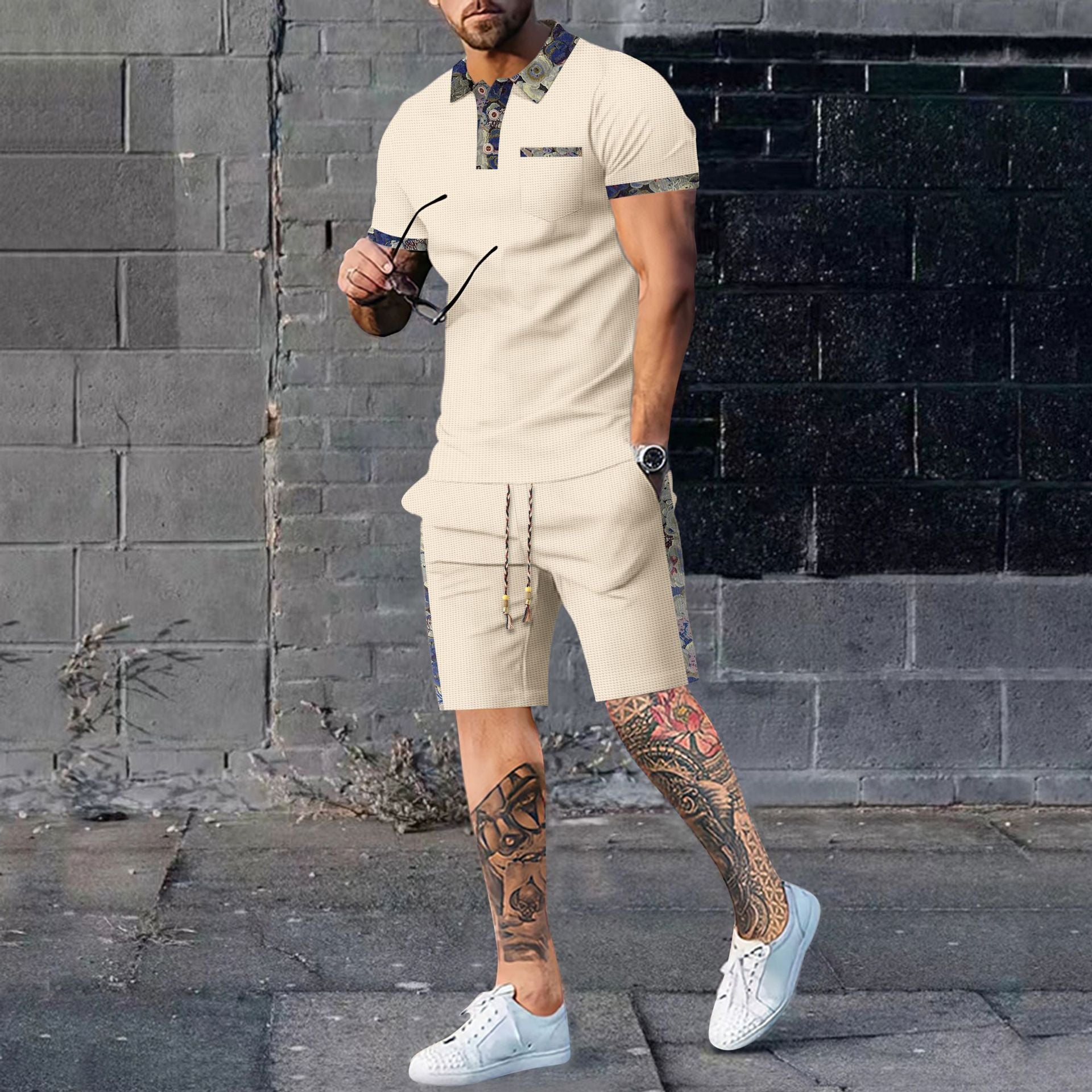 Men's Casual Shorts and Top Set Polyester Fiber