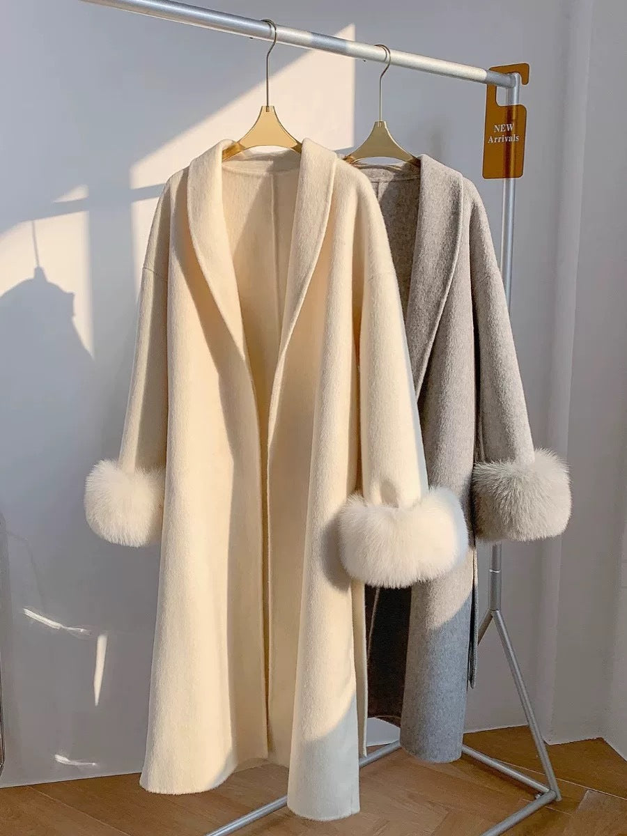 Women's Long Reversible Wool Coat with Lapel and Pockets