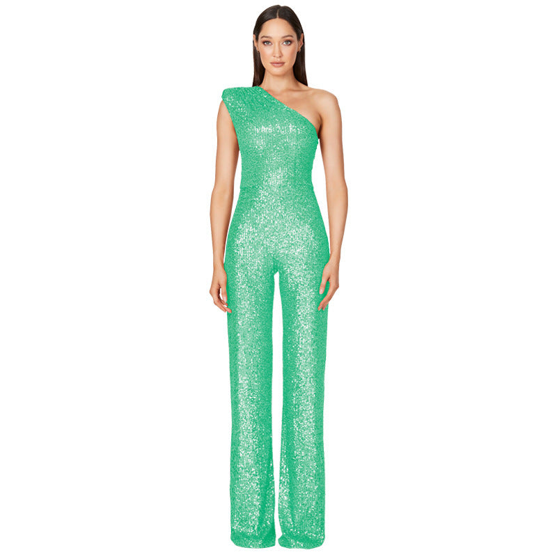 Sleeveless One-shoulder Fashion High Waist Design Sequined Jumpsuit