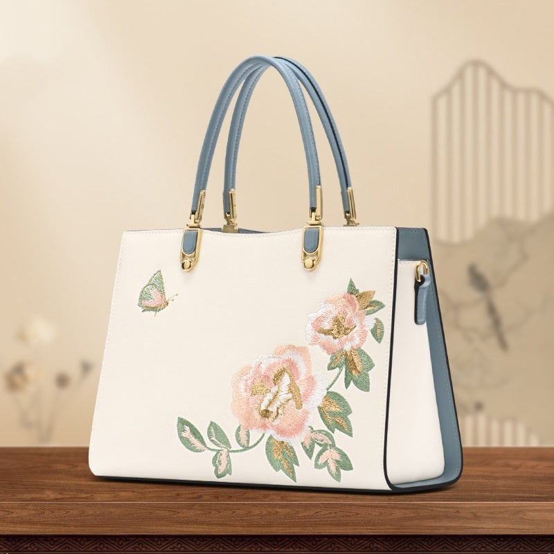 Butterfly Embroidered Large Capacity Leather Diana Bag