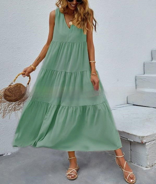 Women's Loose Waist Cotton Sleeveless V-neck Dress