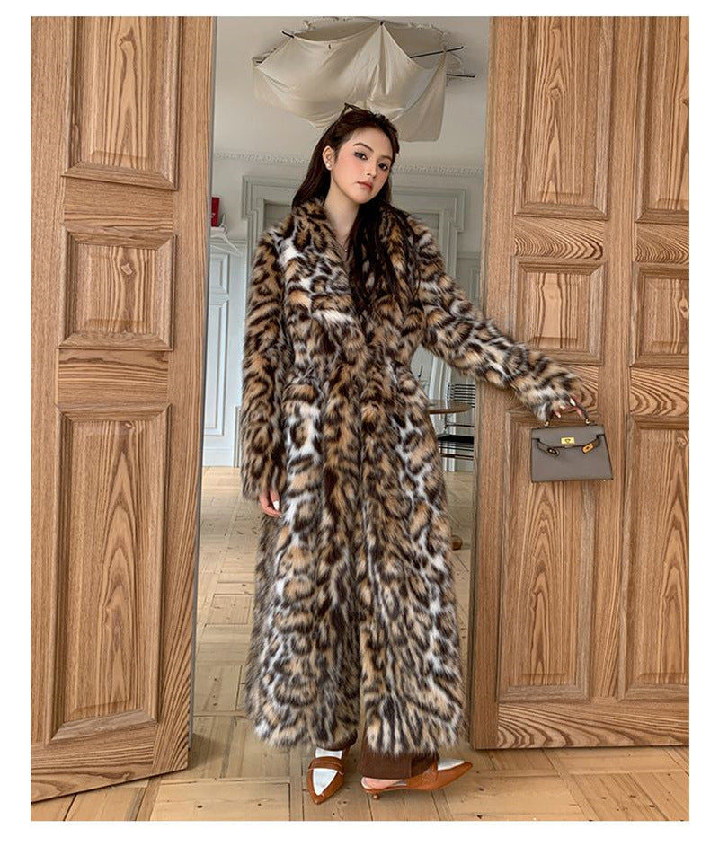 Fashion Long Mid-Length Faux Fox Fur Coat with Collar