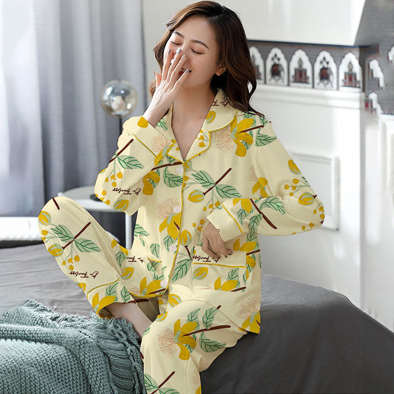 Elegant Women's Autumn Winter Cotton-Like Long Sleeve Two-Piece Pajama Set