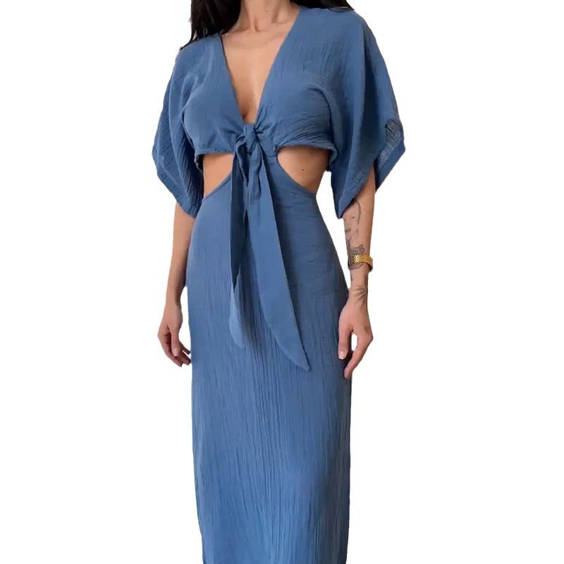 Women's Summer Slim Fit V-Neck Midriff Dress with Hollow Out Design