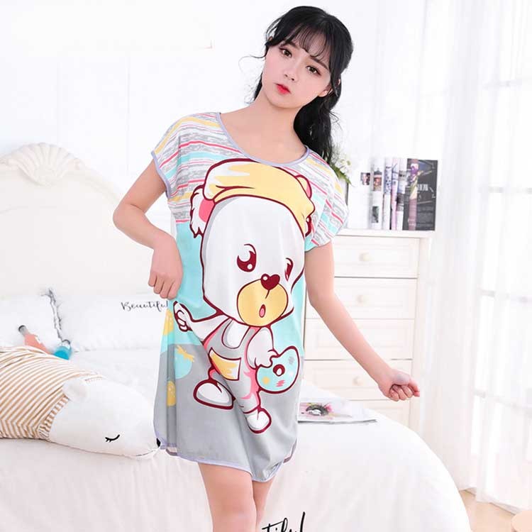 Women's Cartoon Milk Silk Short Sleeve Nightdress One-Piece