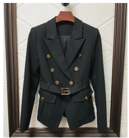 Manteau femme bicolore noir et blanc avec poches et ceinture à boucle métallique