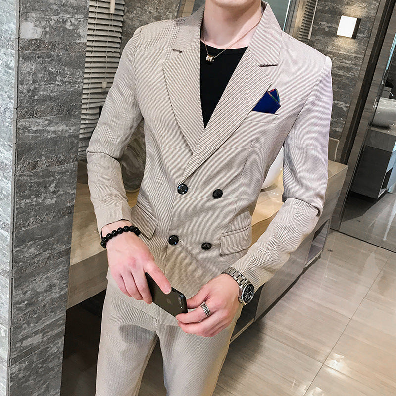 Slim-Fit Double-Breasted Two-Piece Suit in Khaki, Light & Dark Gray