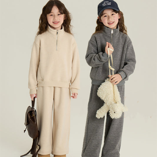Children's Fleece-lined Casual Sports Stand Collar Sweater Straight-leg Pants Suit