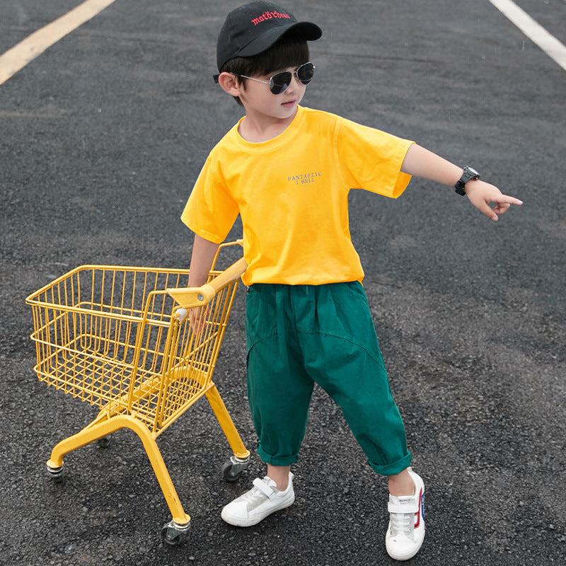 Boys Summer Cotton Suit Short Sleeve Western-Style Pants Set