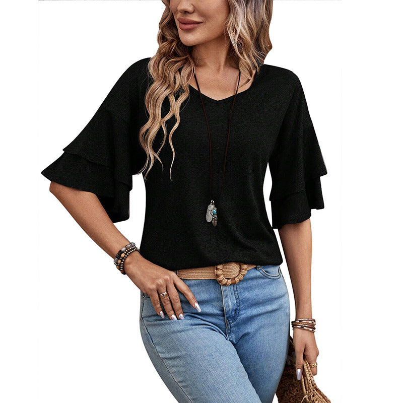 Loose V-neck Ruffle Sleeve T-shirt Fashion Solid Mid-sleeve Tops