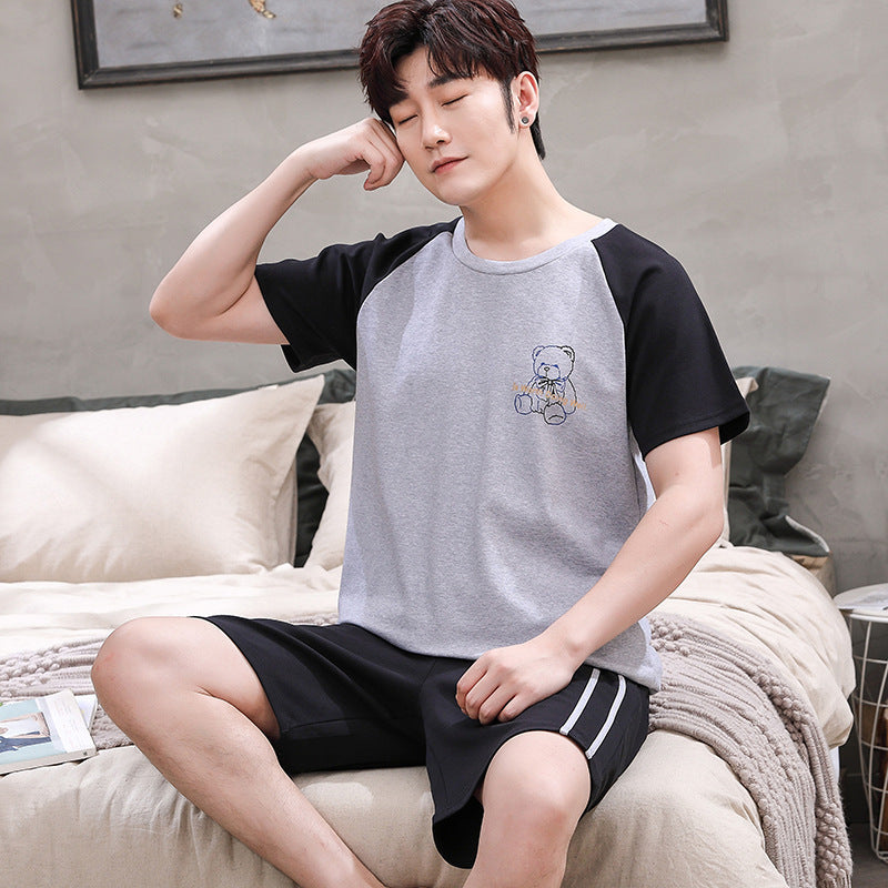 Summer Cotton Men's Short-Sleeve Pajama Set with Bird Plaid Shorts