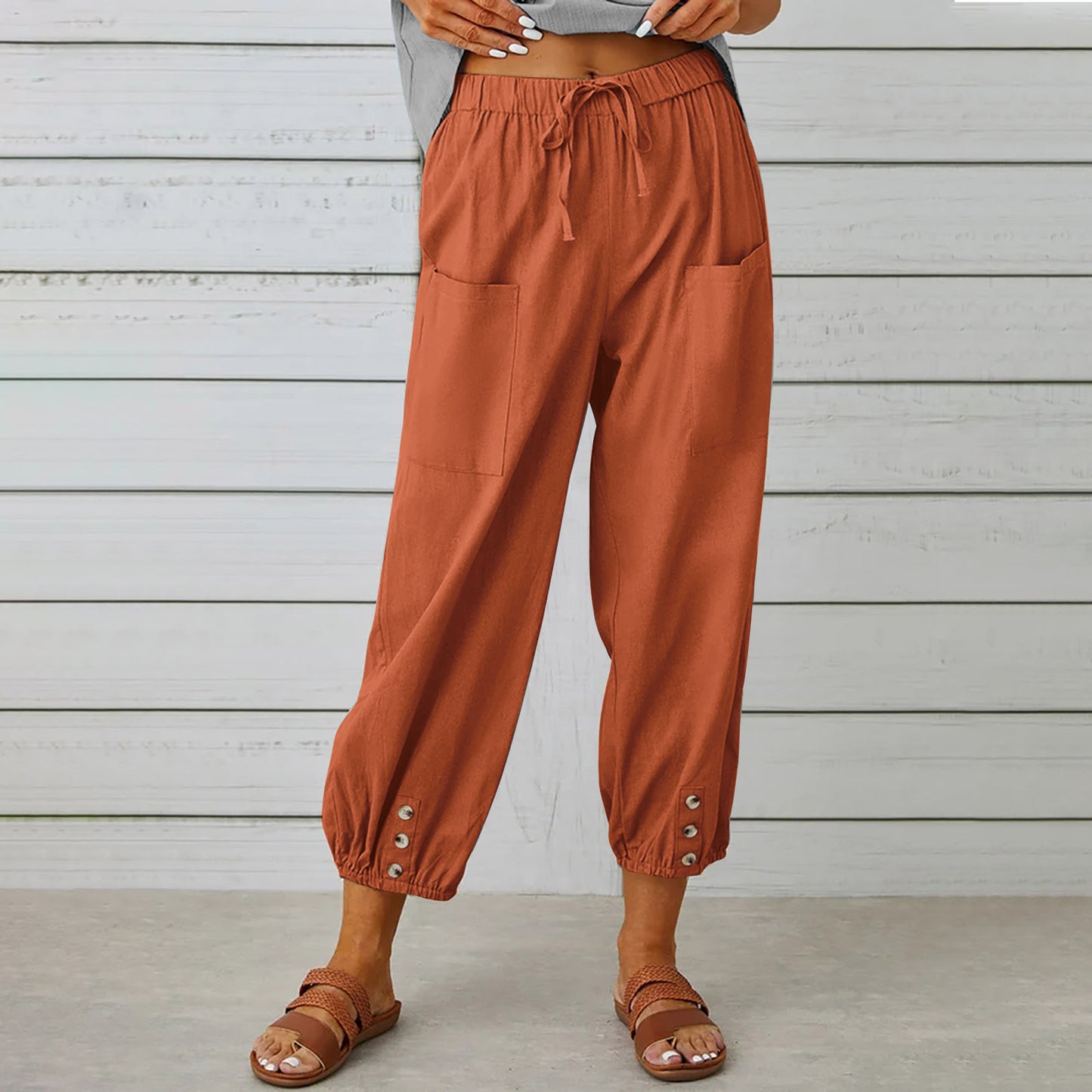 Women’s Cotton Linen Drawstring Pants With Pockets & Button - Spring Summer