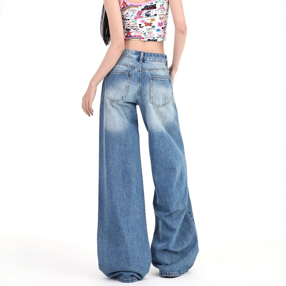 Jean large en jean taille haute style rétro américain pour femme, été