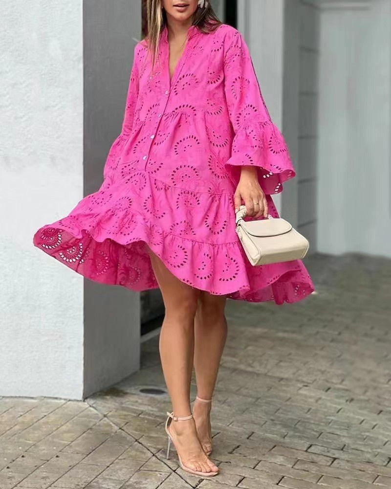 Summer Flower Hollow-out Embroidered V-neck Large Swing Dress