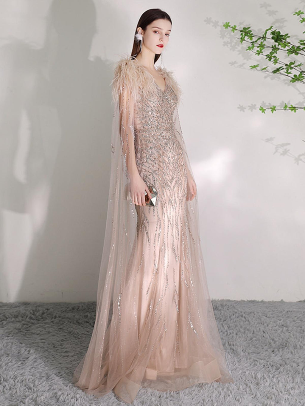 Summer Champagne Organza Deep V-Neck Dress with Zipper, XS-2XL