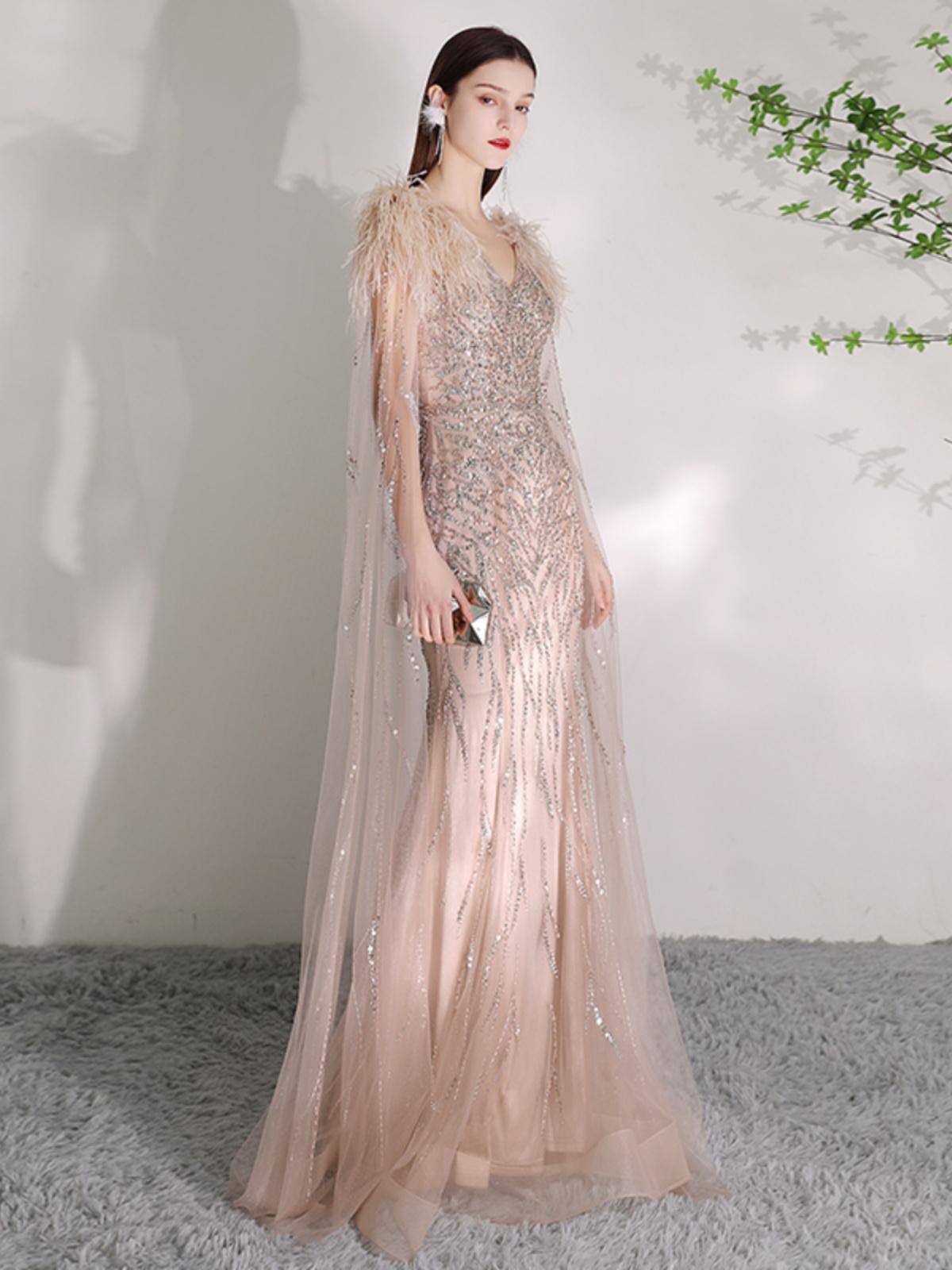Summer Champagne Organza Deep V-Neck Dress with Zipper, XS-2XL