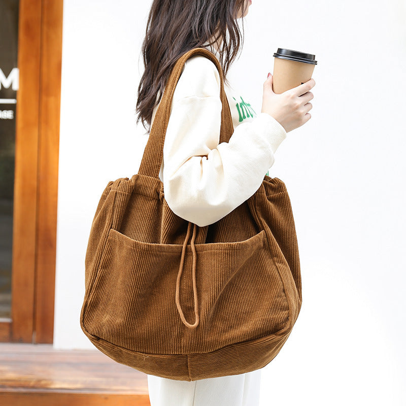 Grand Sac à Main en Velours Côtelé Multi-Poches à Cordon pour Femmes