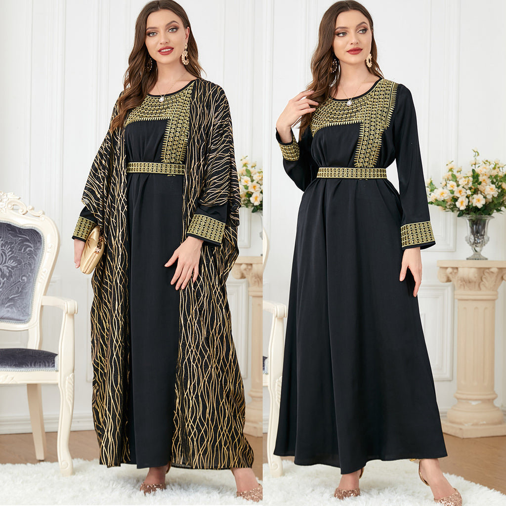 Round Neck Embroidered Gilded Long Sleeve A-Line Dress for Middle Eastern Women