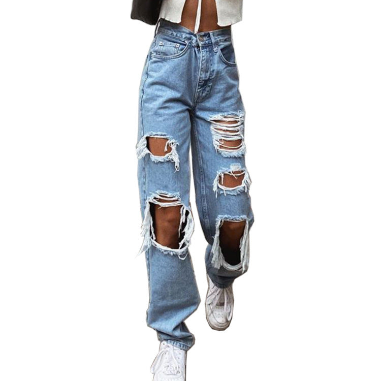 Women’s Ripped Slimming Washed Denim Jeans Trousers Mid Waist S-3XL