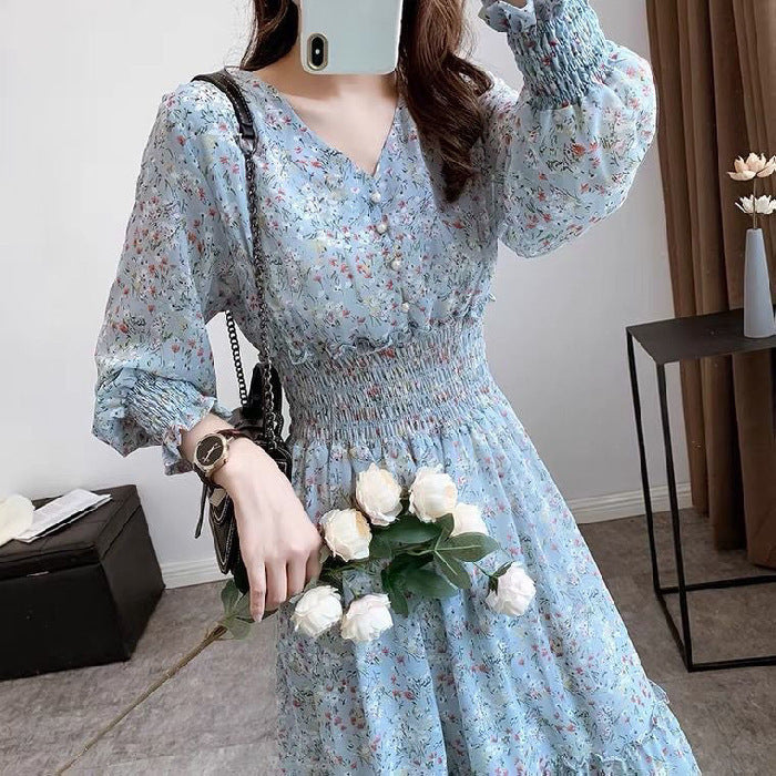 Long Sleeve Floral Chiffon Dress with Temperament Design