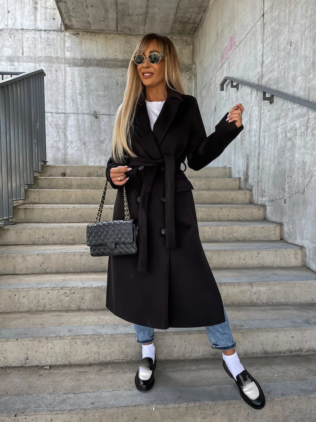 Double-Breasted Lapel Belted Long Sleeve Winter Jacket for Women