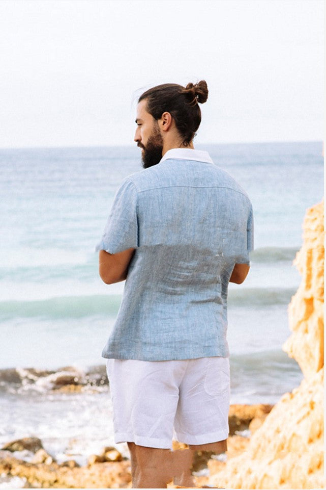 Light Blue Thin Cotton Linen Casual Lapel Shirt