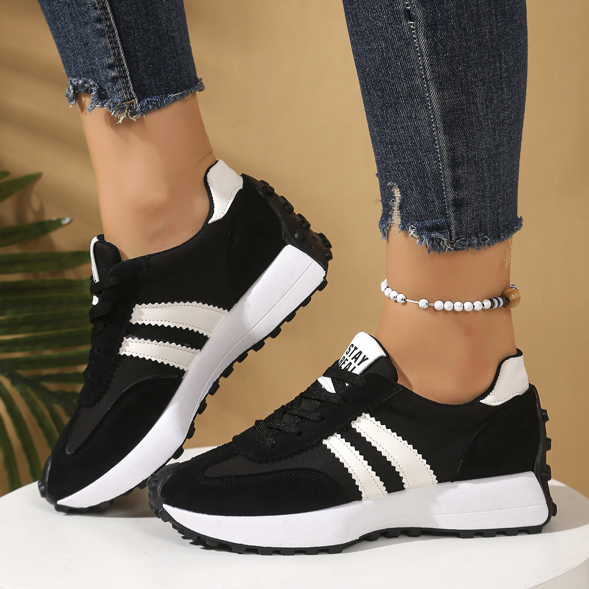 Women's Stripe Lace-Up Sneakers Breathable Thick Bottom Casual Sports Shoes