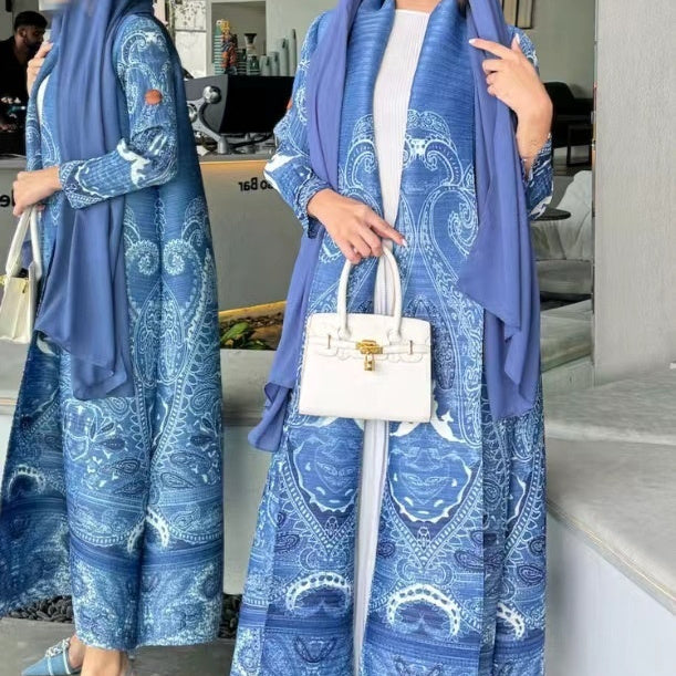 Pleated Trench Djellaba Printed Shawl Cardigan Ethnic Cloak Coat for Middle East Women