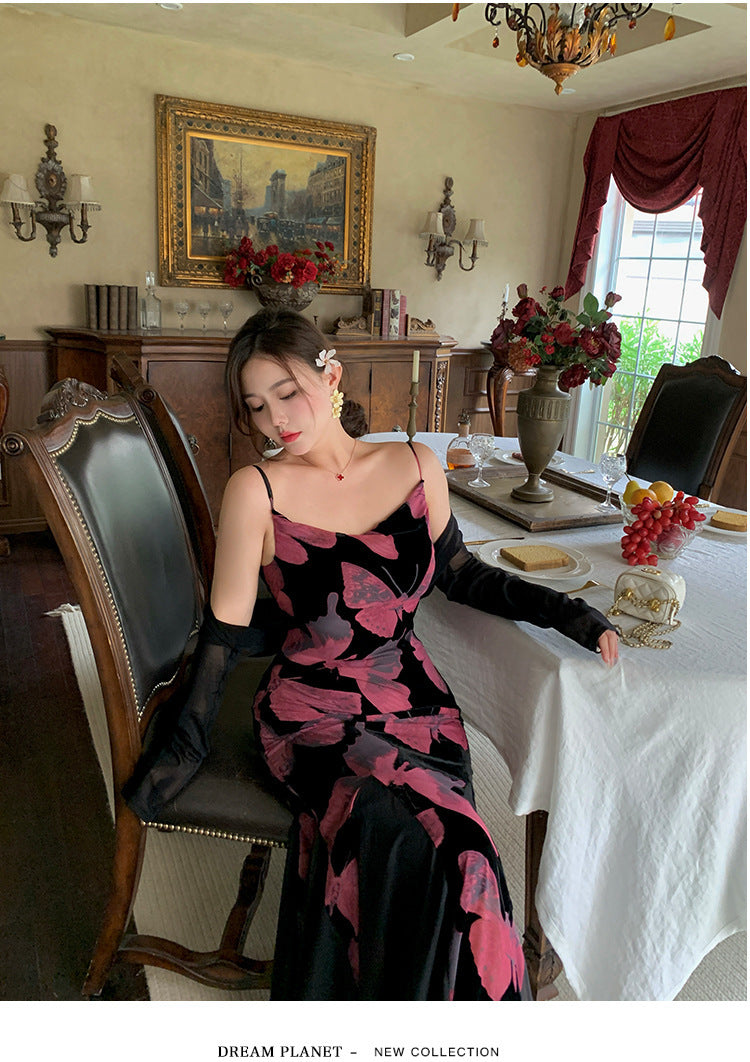 High-grade Adult Lady Like Woman Wind Flocked Printed Butterfly Dress