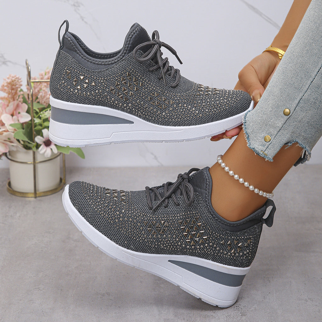 Baskets compensées à lacets Ins Rhinestone pour femmes Chaussures de sport décontractées