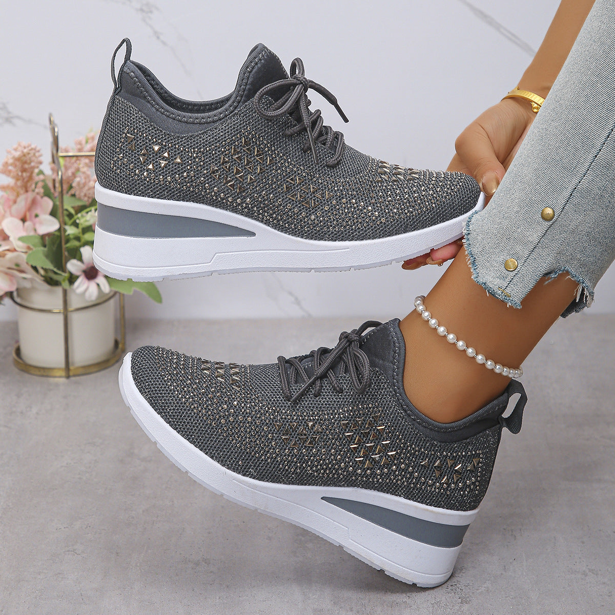 Ins Rhinestone Lace-Up Wedge Sneakers Women's Casual Commuting Sports Shoes
